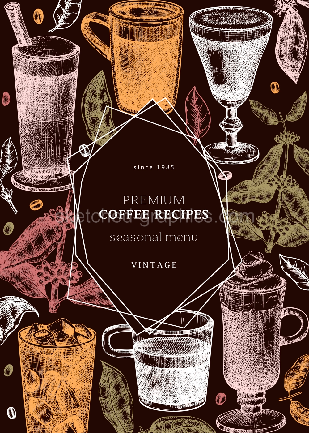 Coffee Frame Template With Mugs And Botanicals Illustration